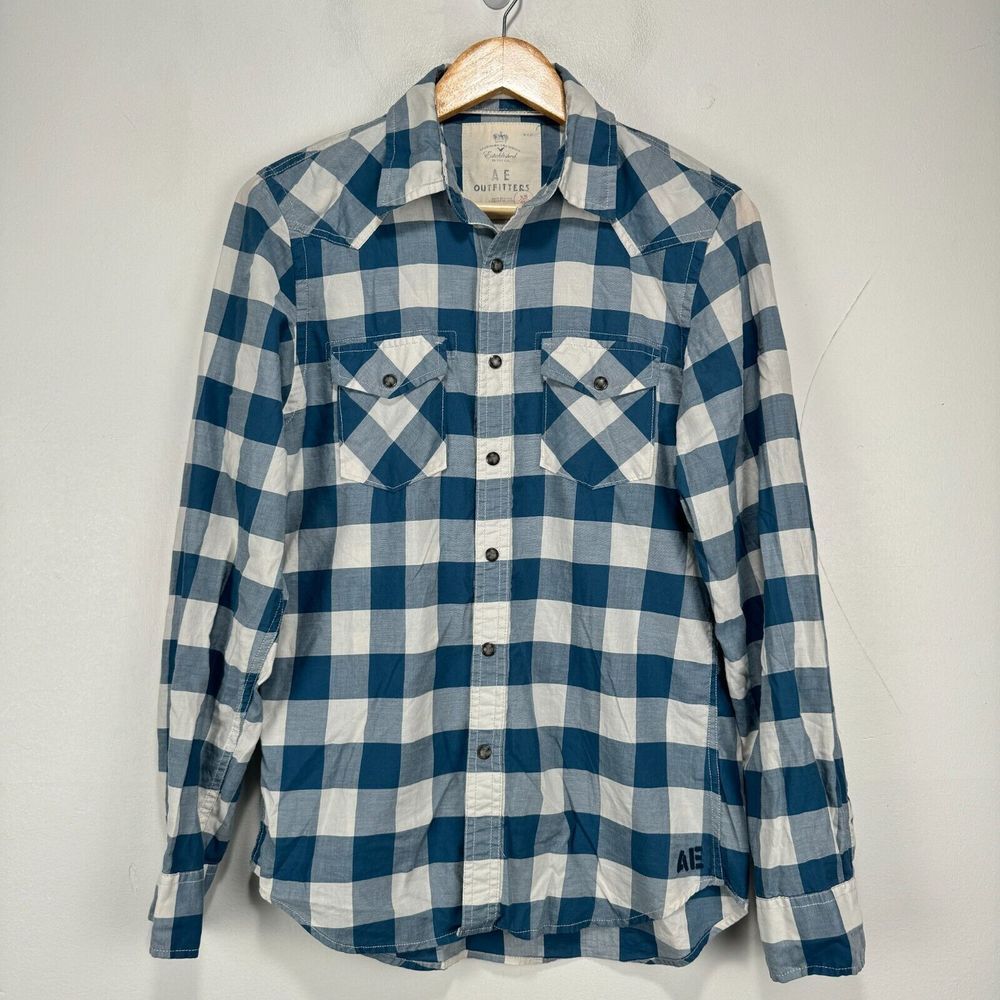 American Eagle Button Shirt Men XS‎ Blue White Check Pockets Cotton Everyday